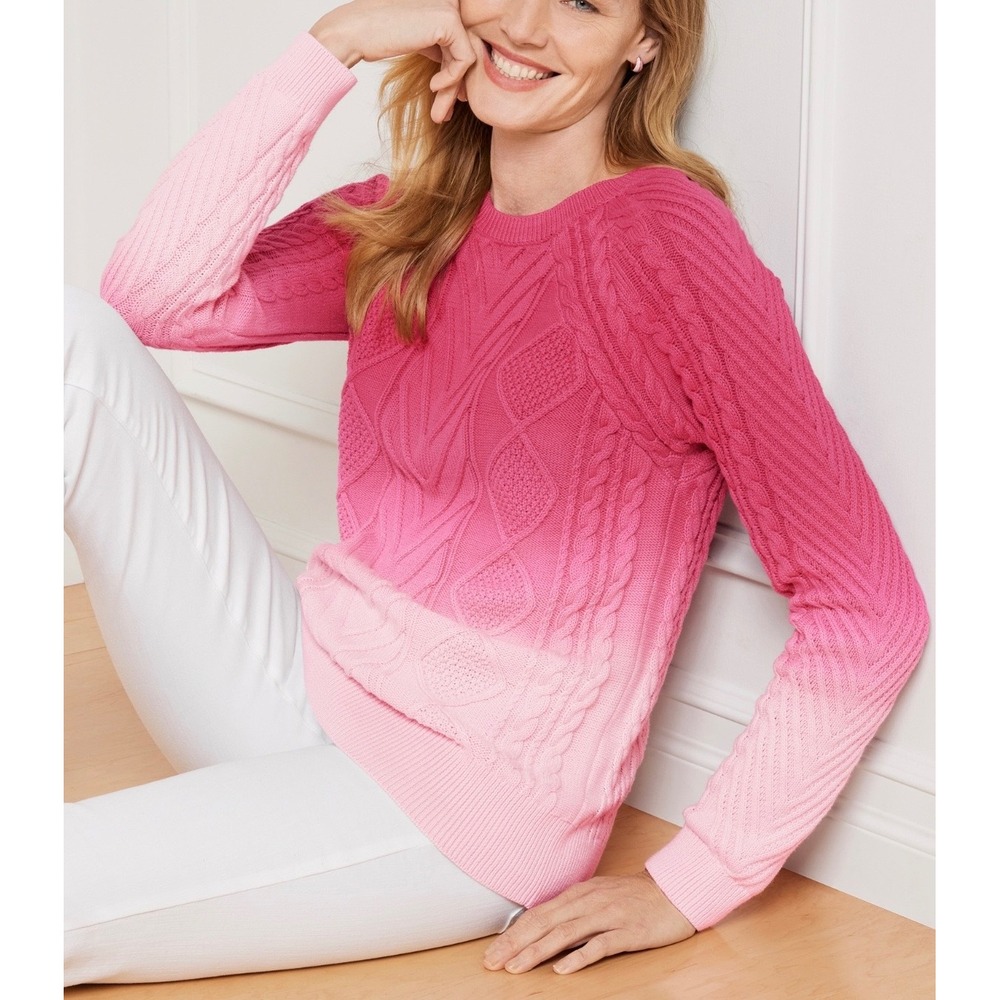 Talbots Cable Knit‎ Raglan Sweater Dip Dye Ombre Pink XLP Petite 100% Cotton